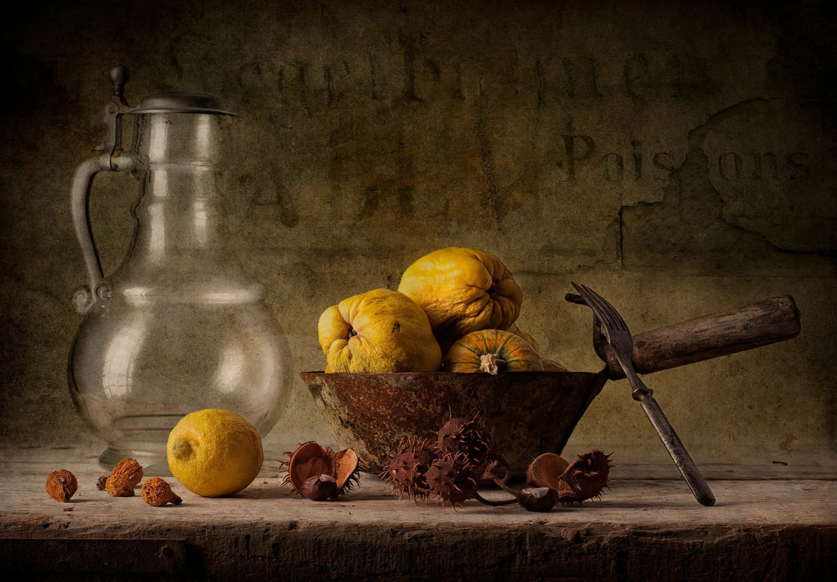 Still Life Oil Painting - Citrus, Gourds and Vintage Utensils - Oil Painting Haven