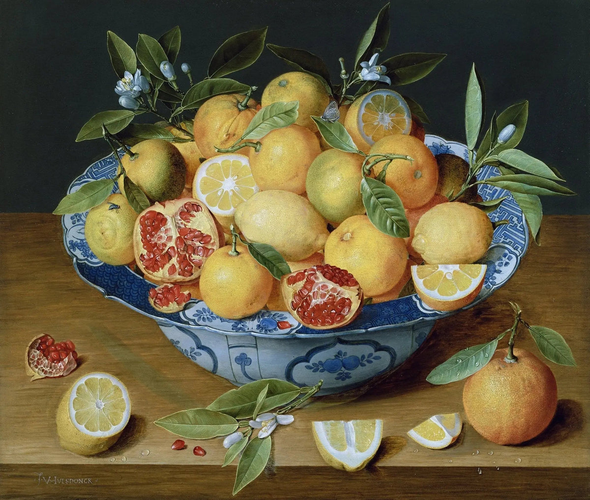 Still Life Oil Painting - Citrus, Pomegranate in Blue Bowl - Oil Painting Haven