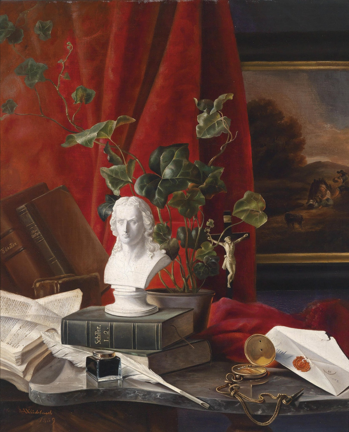 Still Life Oil Painting - Classical Bust and Books - Oil Painting Haven