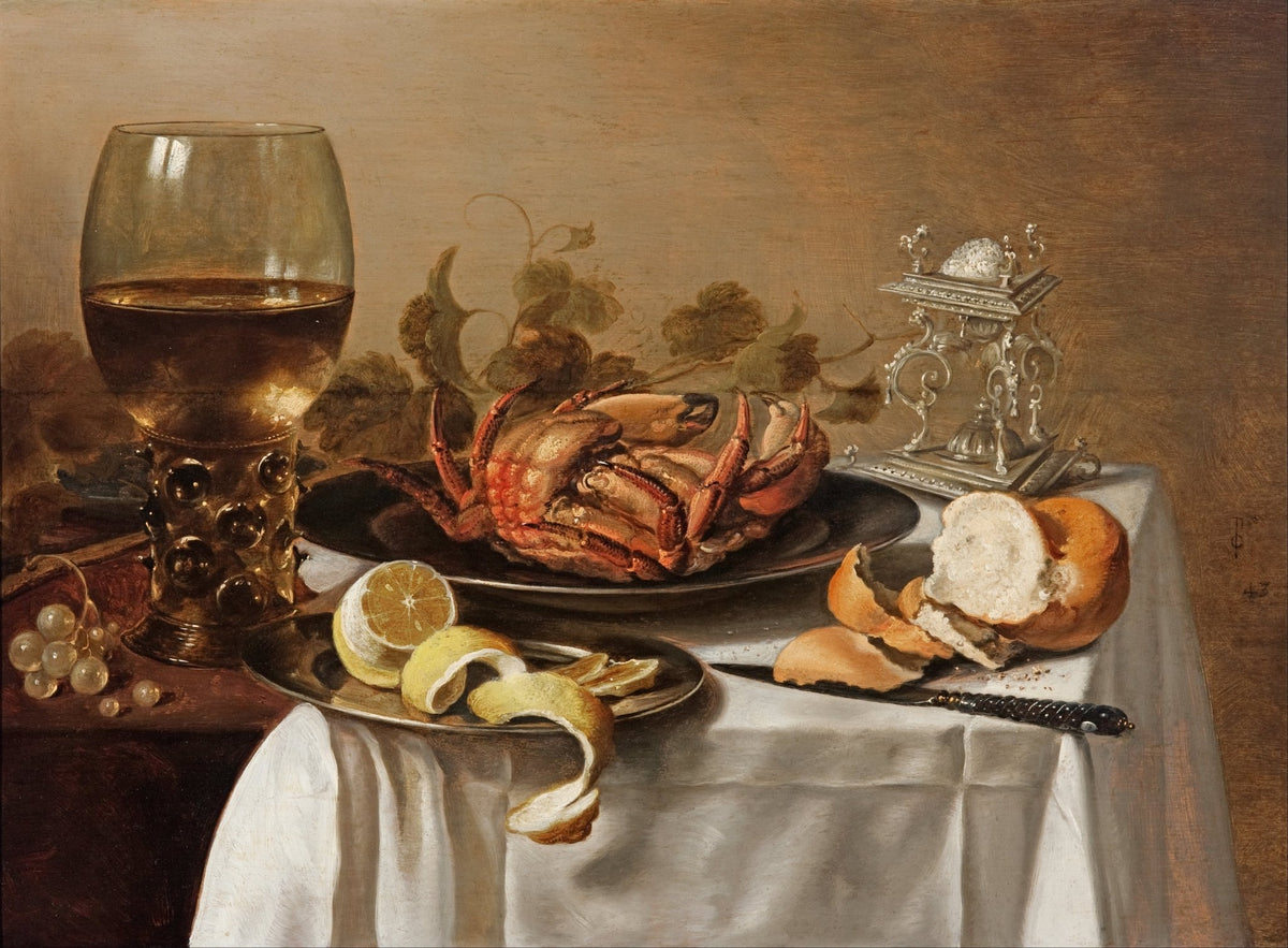 Still Life Oil Painting - Crab, Wine and Bread - Oil Painting Haven