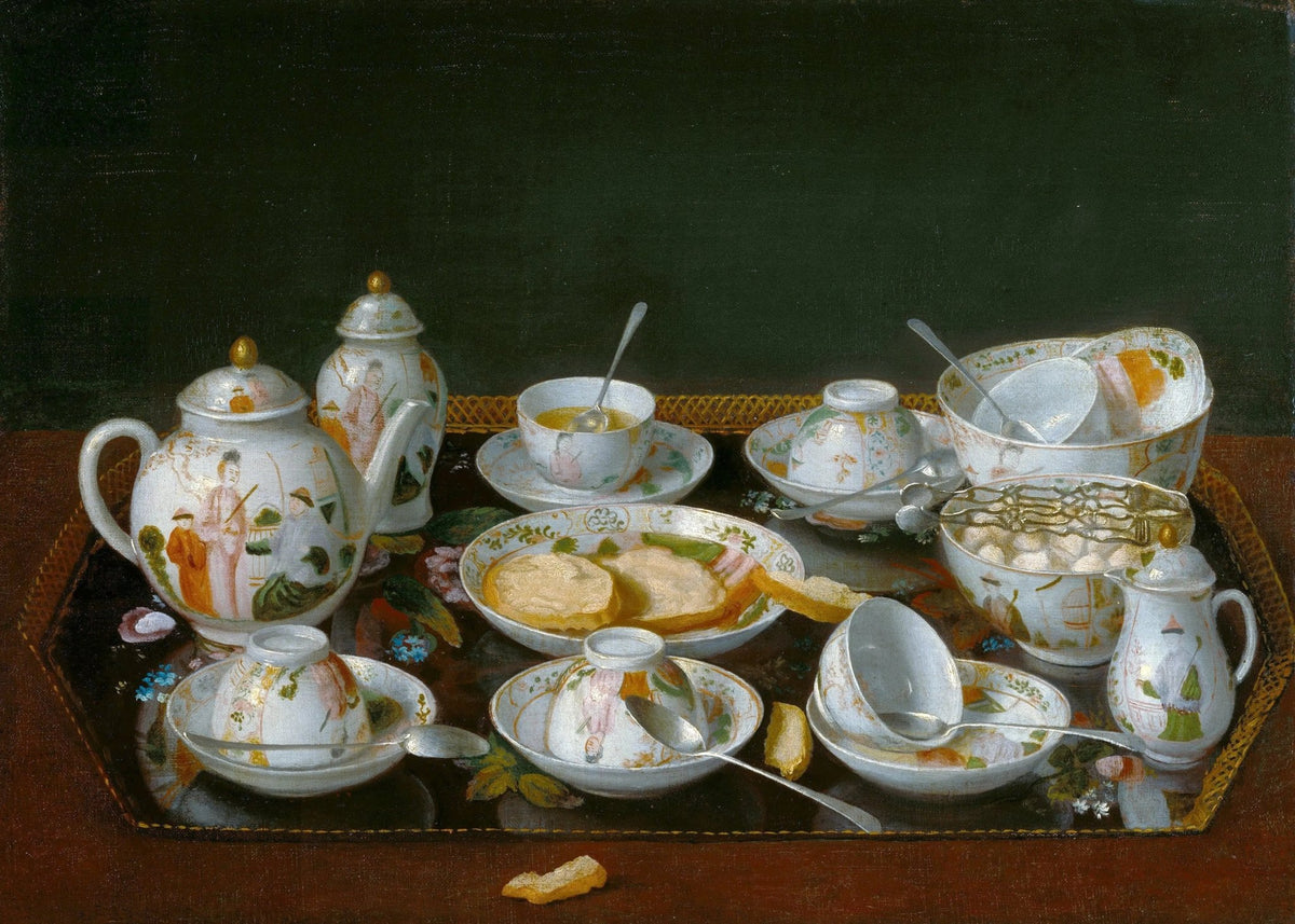 Still Life Oil Painting - Decorative Porcelain and Snacks - Oil Painting Haven