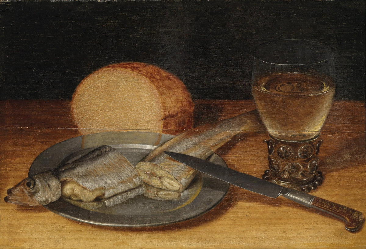 Still Life Oil Painting - Fish, Bread and Wine - Oil Painting Haven