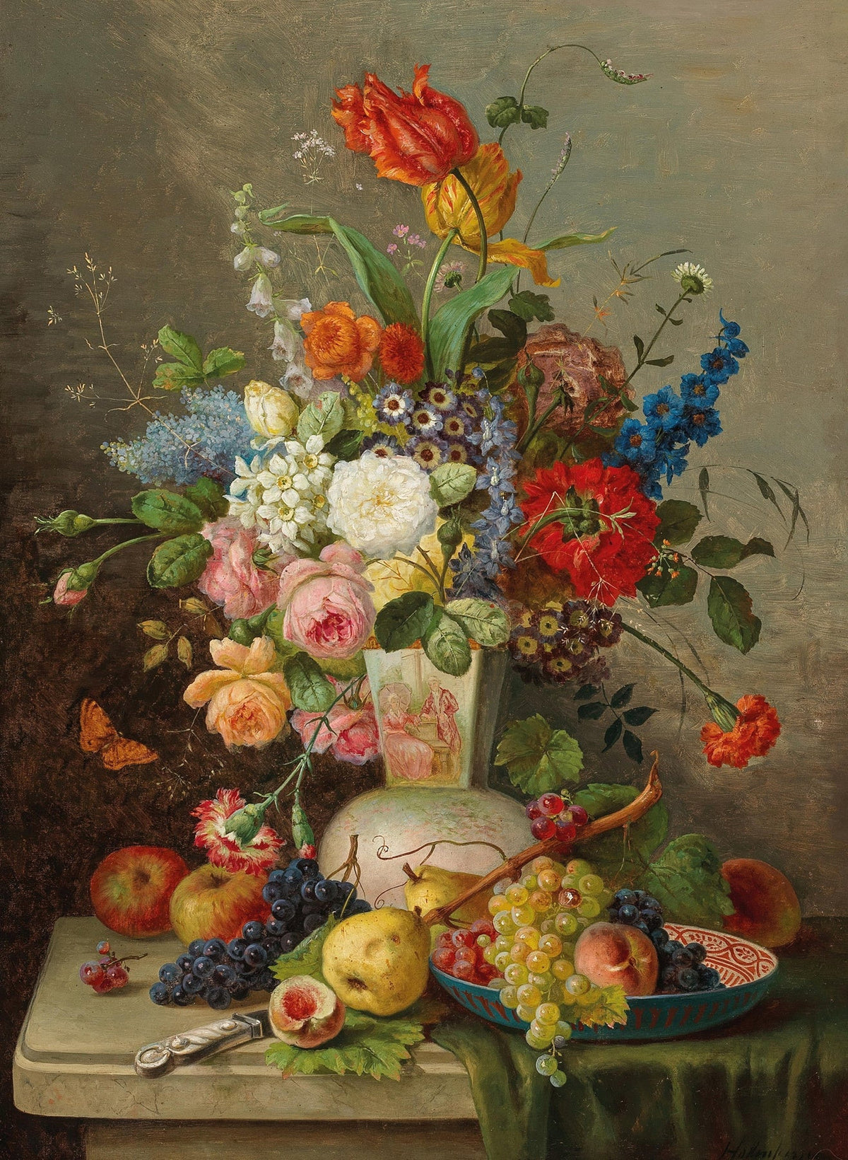 Ölgemälde-Stillleben – Früchte, Krug und Weinglas