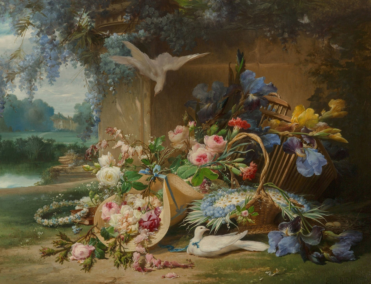 Still Life Oil Painting - Floral Garden with Doves - Oil Painting Haven