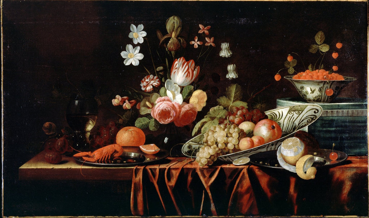 Still Life Oil Painting - Flowers, Fruit and Lobster - Oil Painting Haven