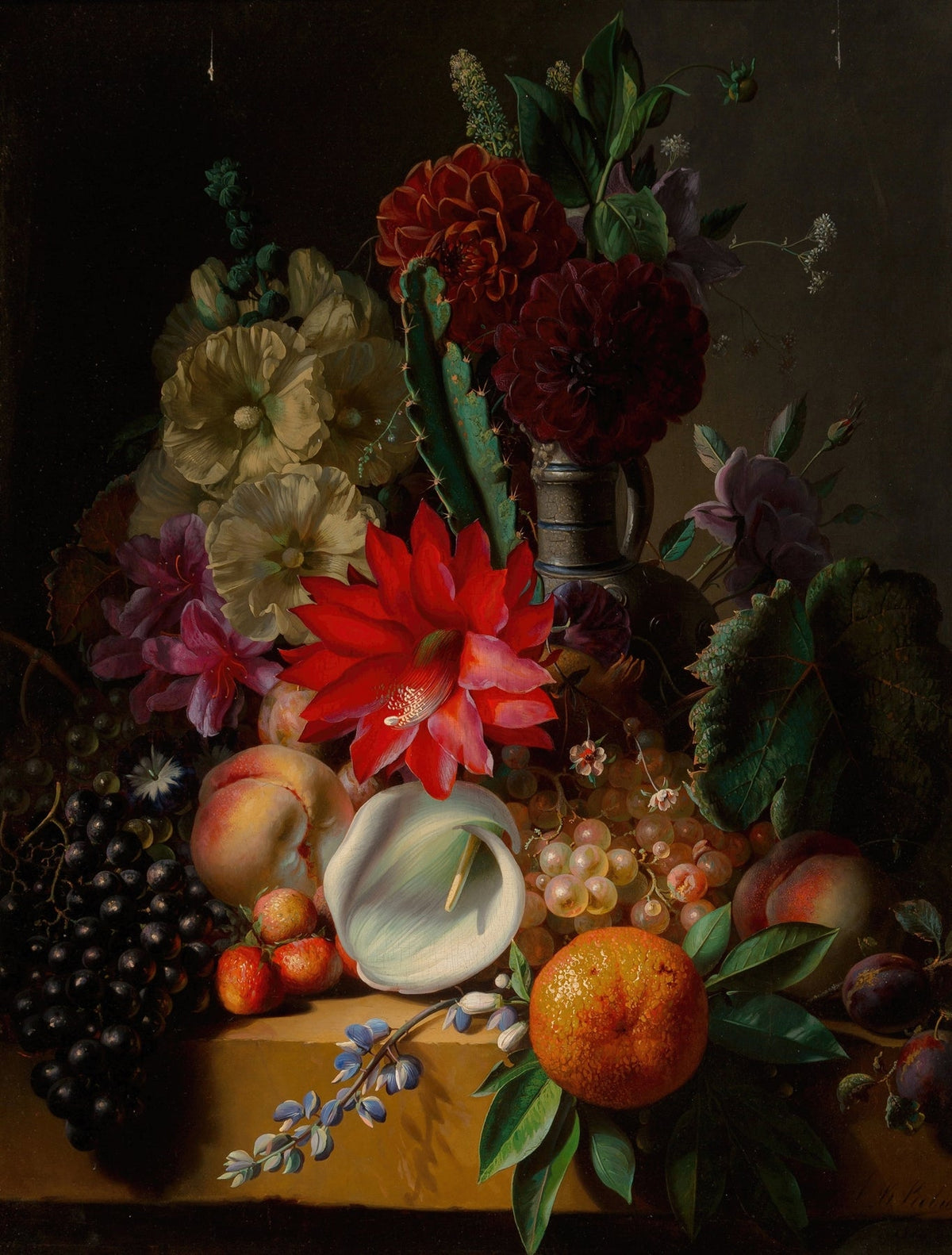 Still Life Oil Painting - Flowers, Grapes and Citrus - Oil Painting Haven