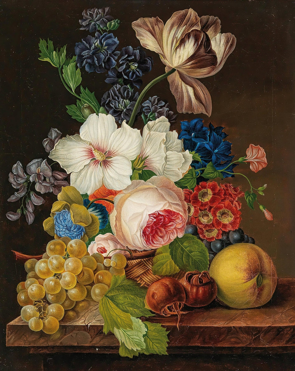 Still Life Oil Painting - Flowers, Grapes and Peach - Oil Painting Haven