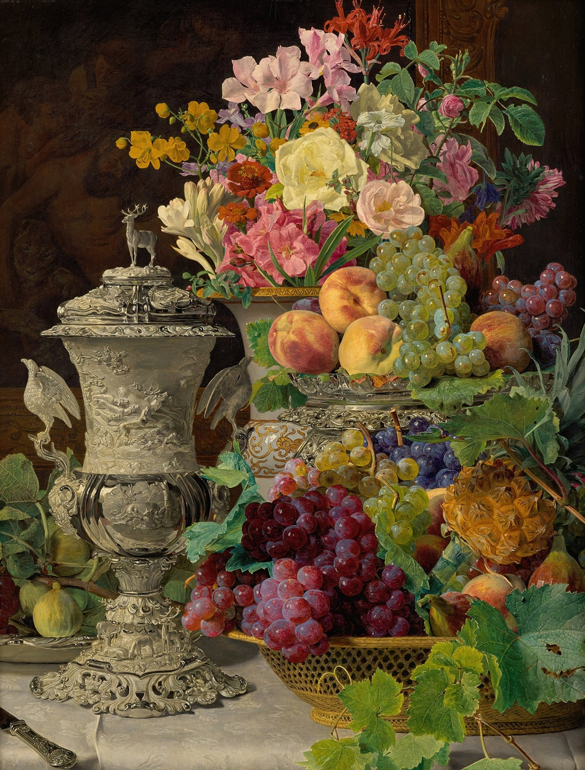 Still Life Oil Painting - Flowers, Grapes and Silver Urn - Oil Painting Haven