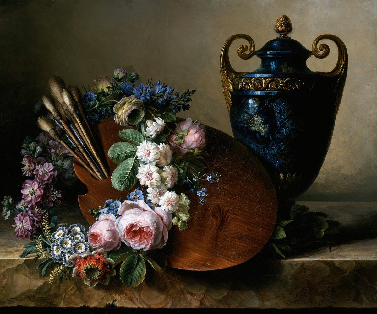 Still Life Oil Painting - Flowers, Palette and Urn - Oil Painting Haven