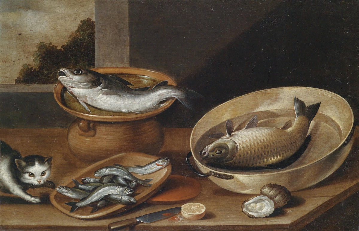 Still Life Oil Painting - Fresh Fish and Curious Cat - Oil Painting Haven