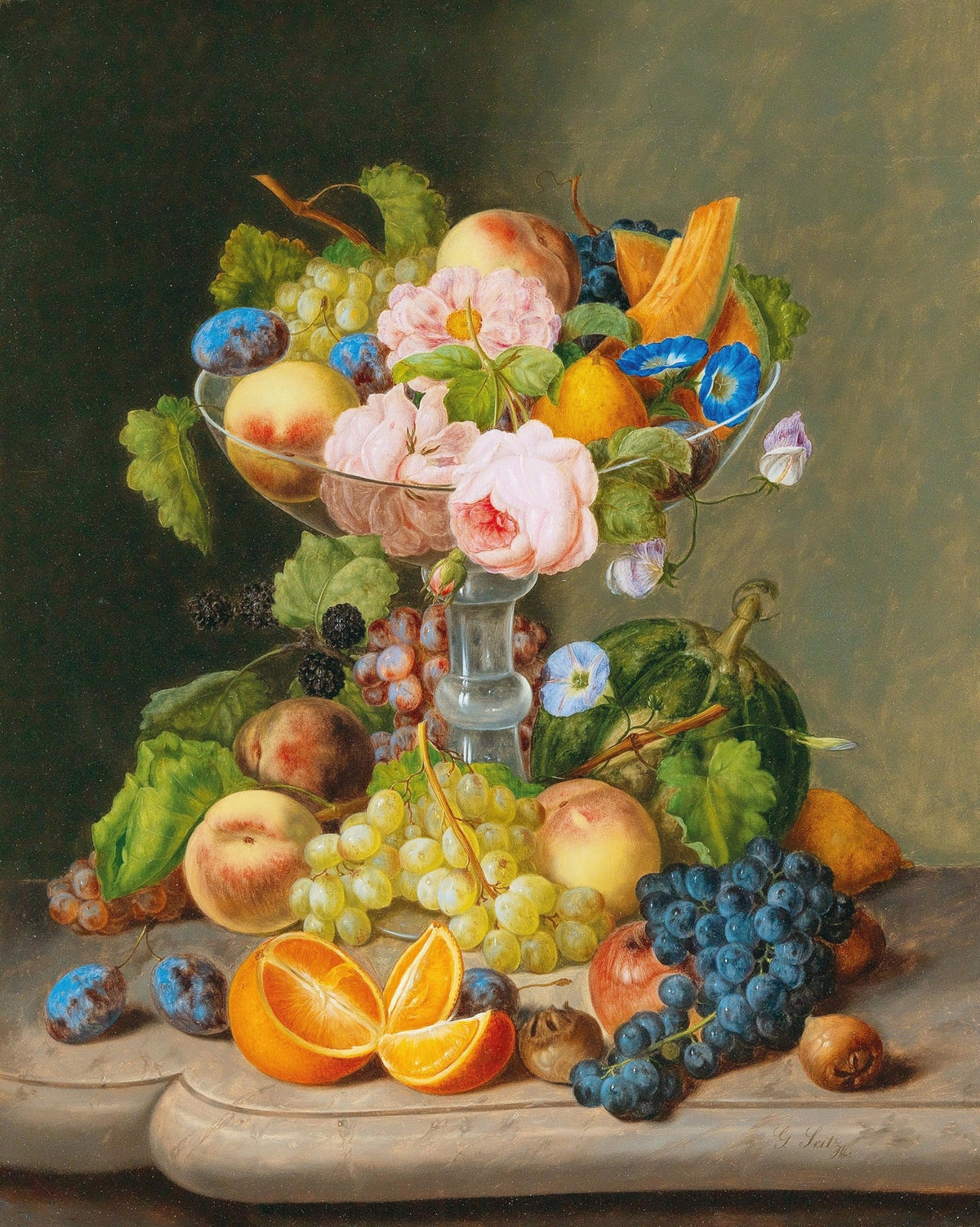 Still Life Oil Painting - Fruit and Flowers in Glass Bowl - Oil Painting Haven
