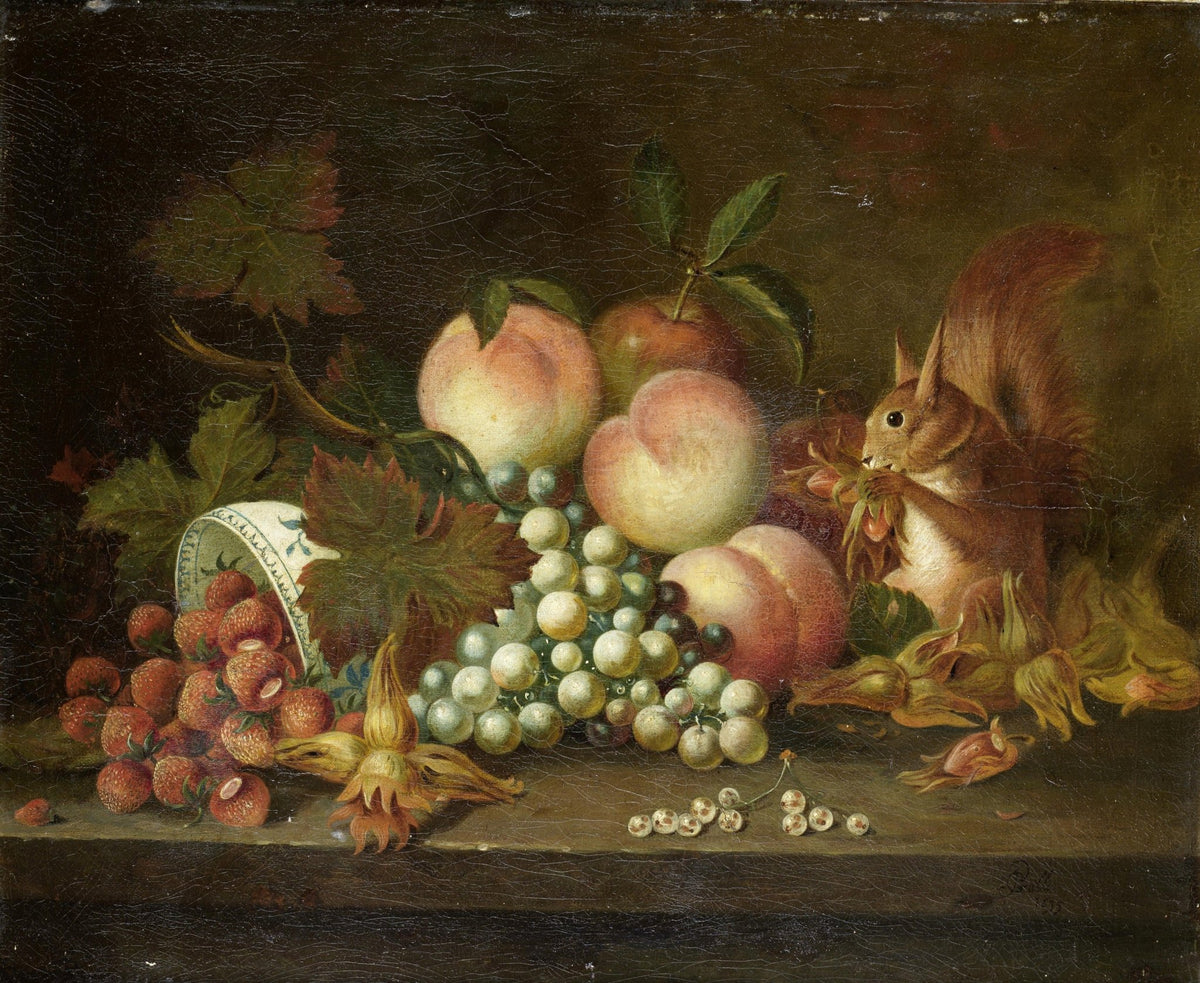 Still Life Oil Painting - Fruit and Squirrel - Oil Painting Haven