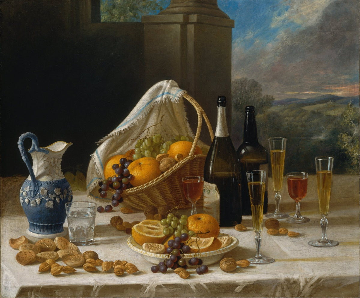 Still Life Oil Painting - Fruit Basket and Wine - Oil Painting Haven