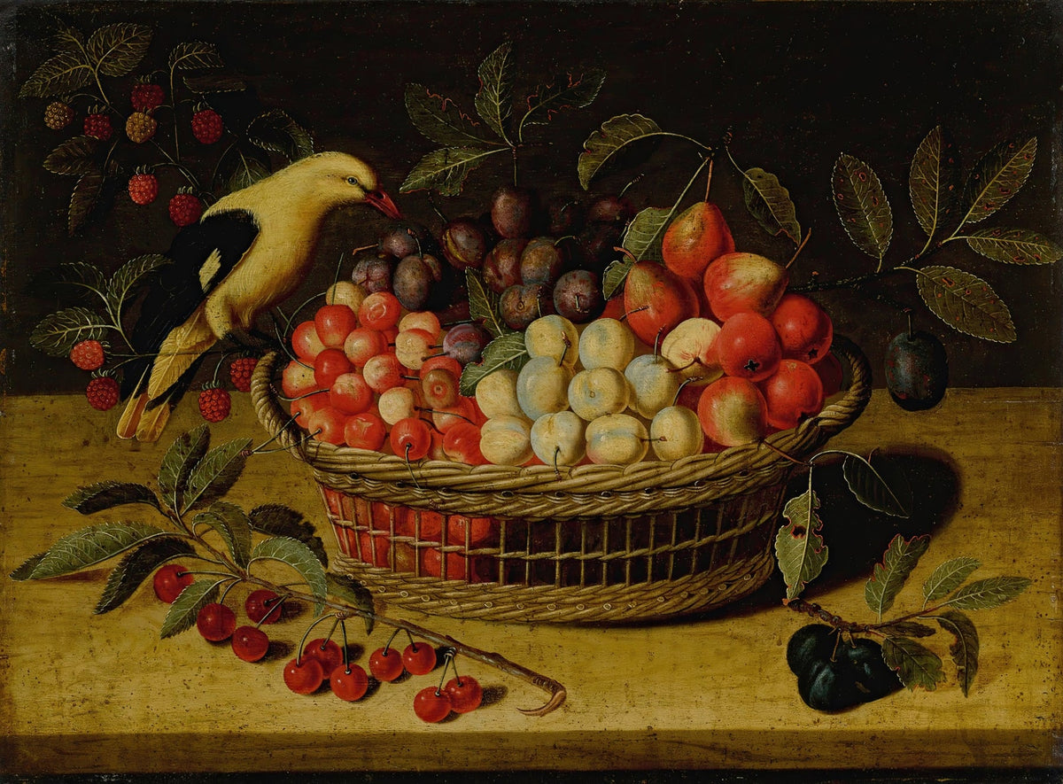 Still Life Oil Painting - Fruit Basket with Bird - Oil Painting Haven