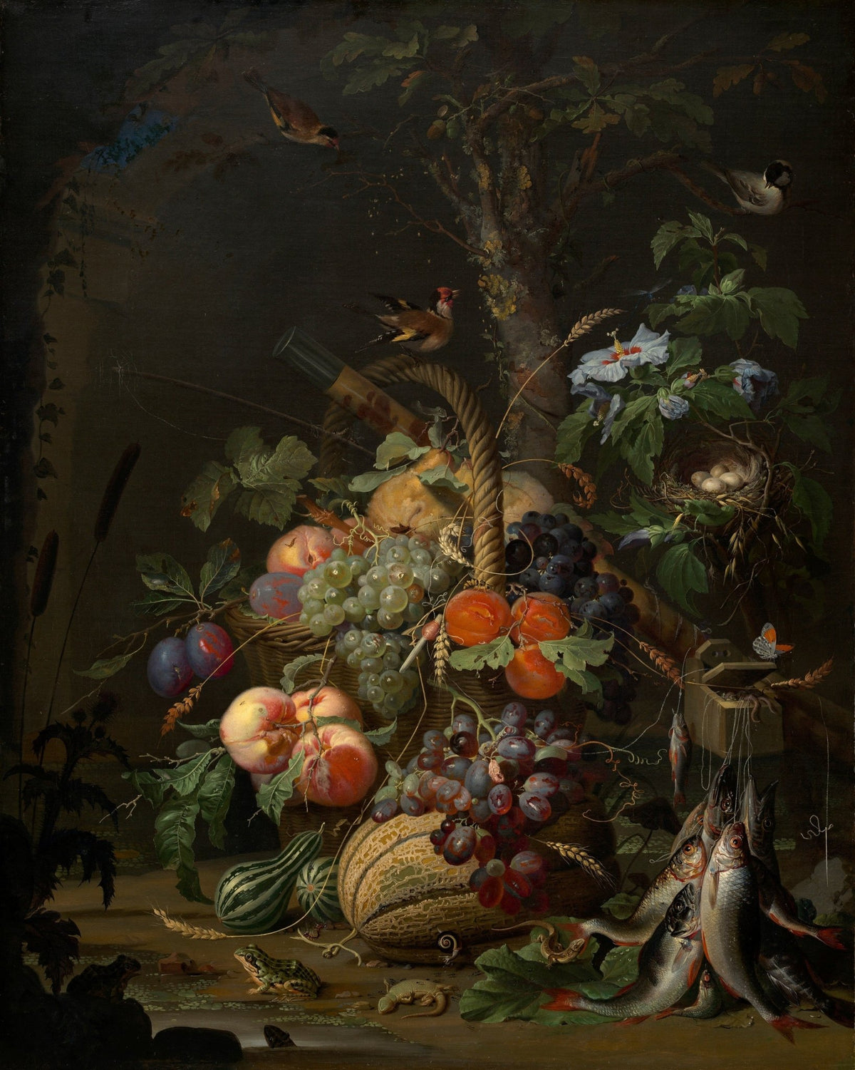 Still Life Oil Painting - Fruit Basket with Birds and Fish - Oil Painting Haven