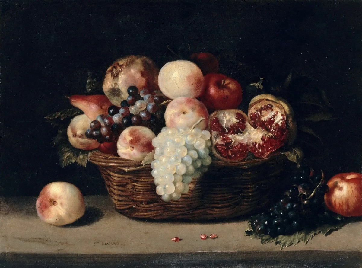 Still Life Oil Painting - Fruit Basket with Grapes and Pomegranate Meta Description - Oil Painting Haven