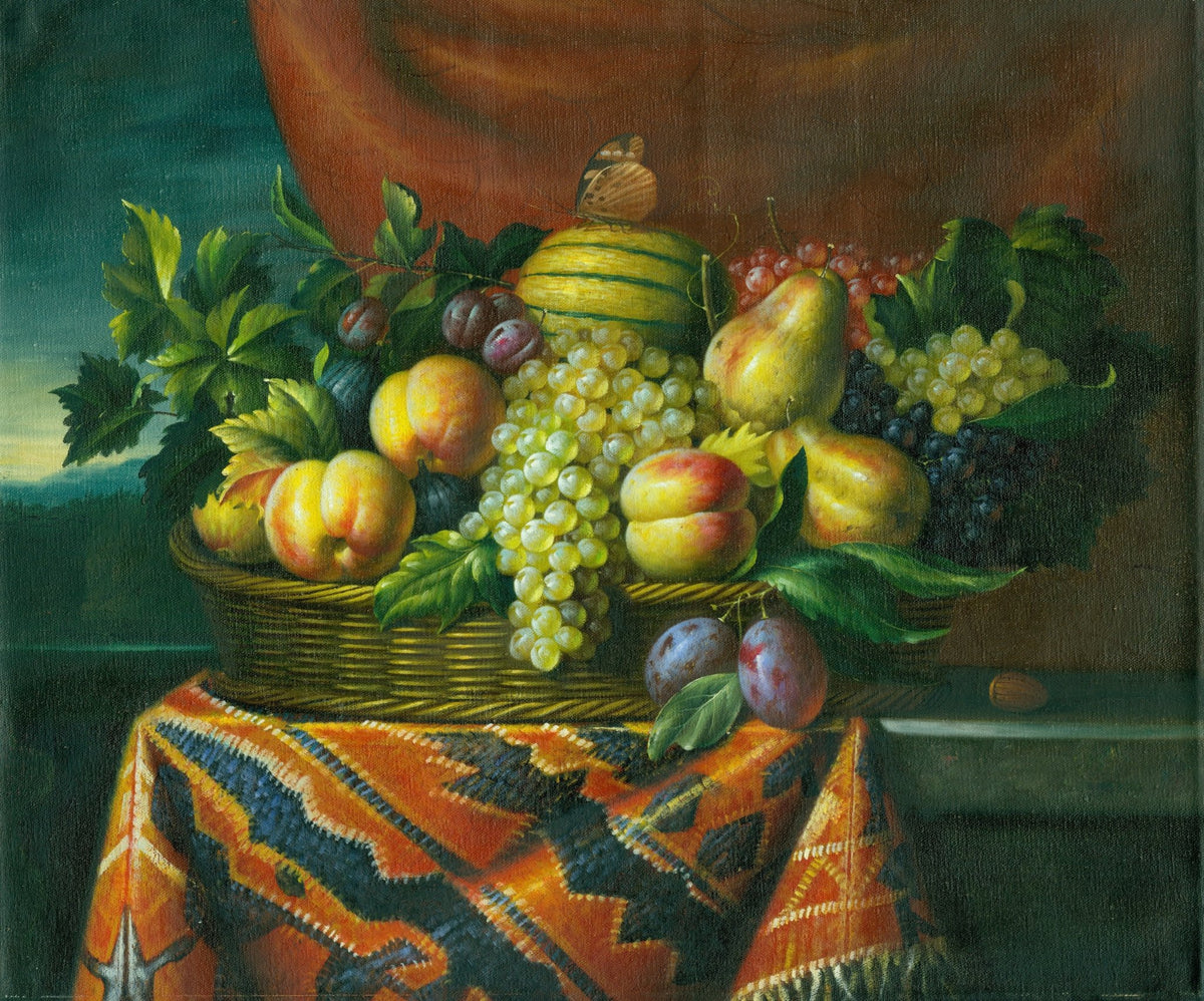Still Life Oil Painting - Fruit Basket with Grapes - Oil Painting Haven