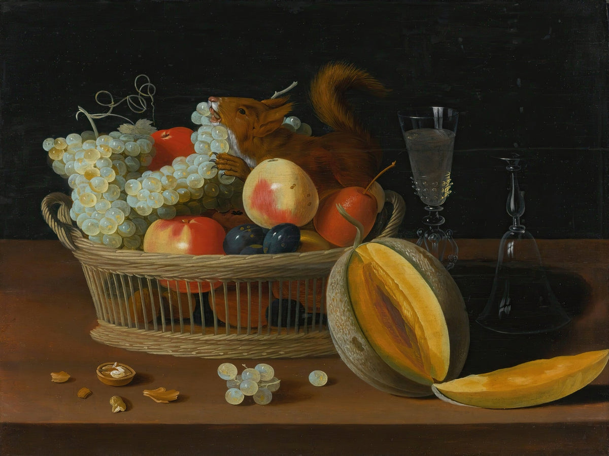 Still Life Oil Painting - Fruit Basket with Squirrel - Oil Painting Haven
