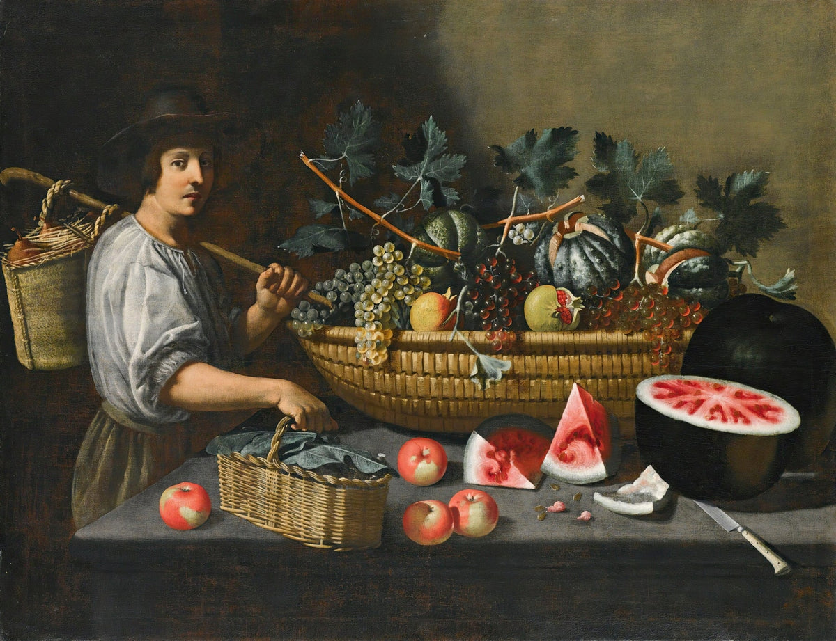 Still Life Oil Painting - Fruit Basket with Young Man - Oil Painting Haven