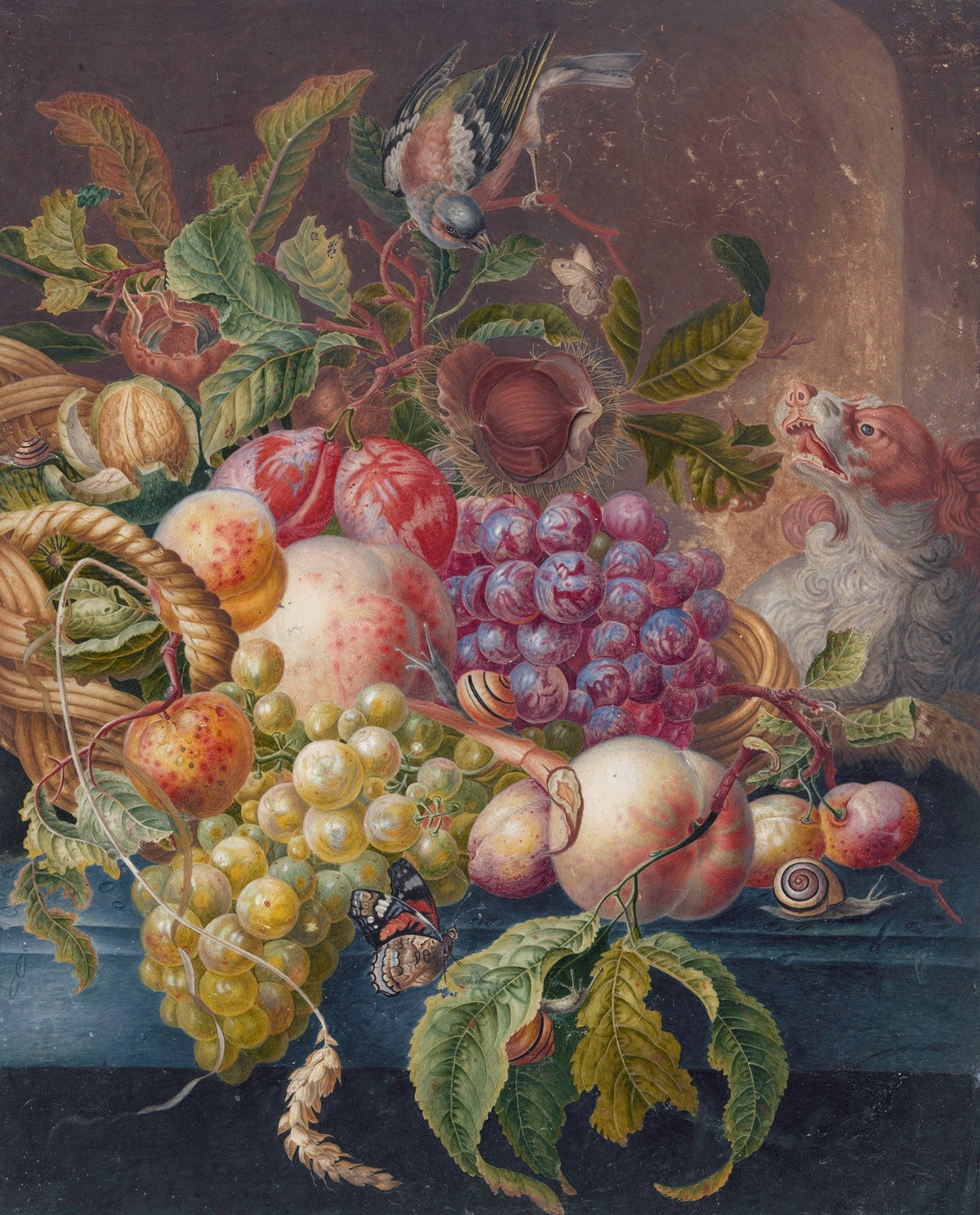Still Life Oil Painting - Fruit, Bird and Dog - Oil Painting Haven