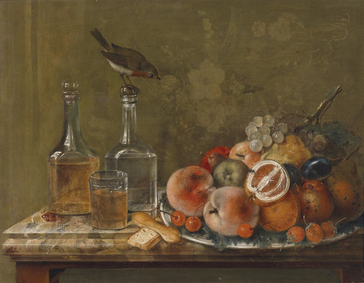 Still Life Oil Painting - Fruit, Glass Bottles and Bird - Oil Painting Haven