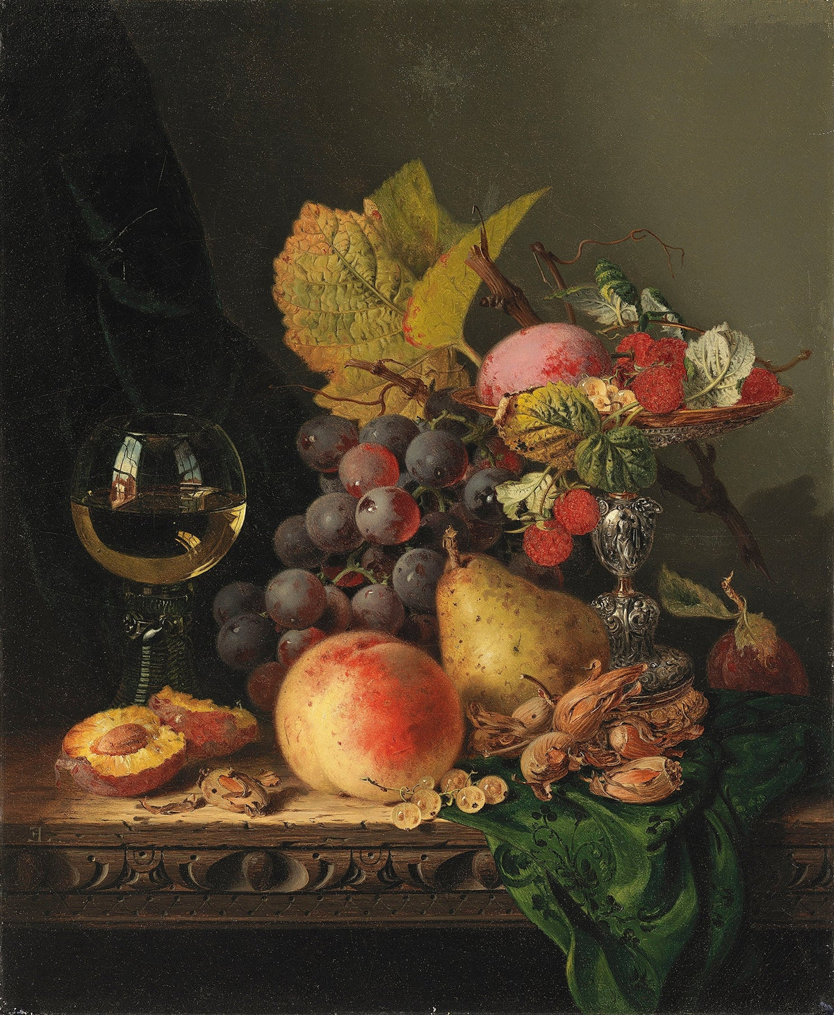 Still Life Oil Painting - Fruit, Grapes and Wine Glass - Oil Painting Haven