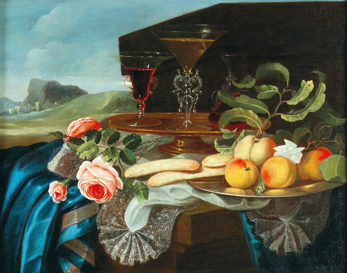 Still Life Oil Painting - Fruit, Roses and Wine Glasses - Oil Painting Haven