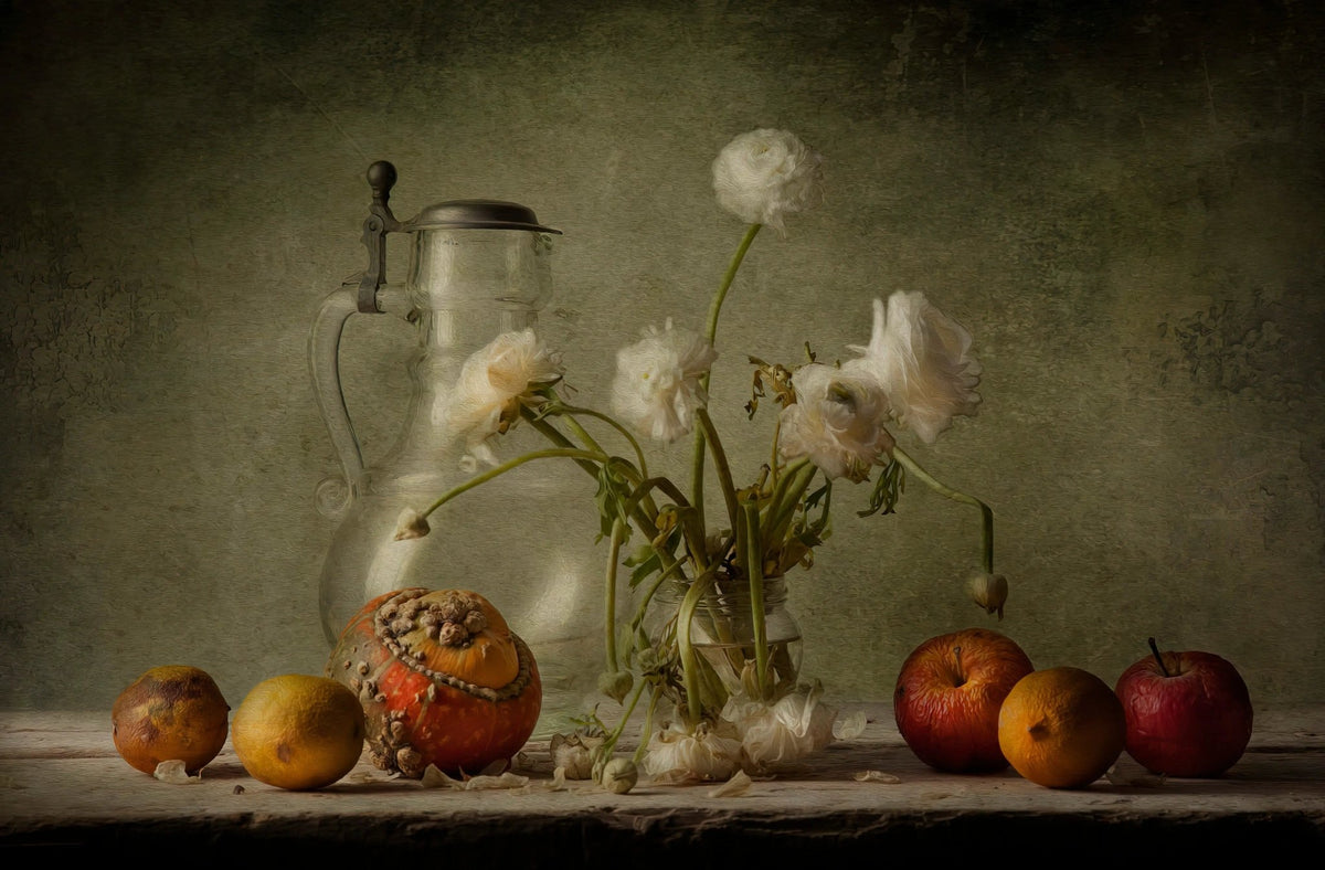 Still Life Oil Painting - Fruits, Flowers and Glass Jug - Oil Painting Haven