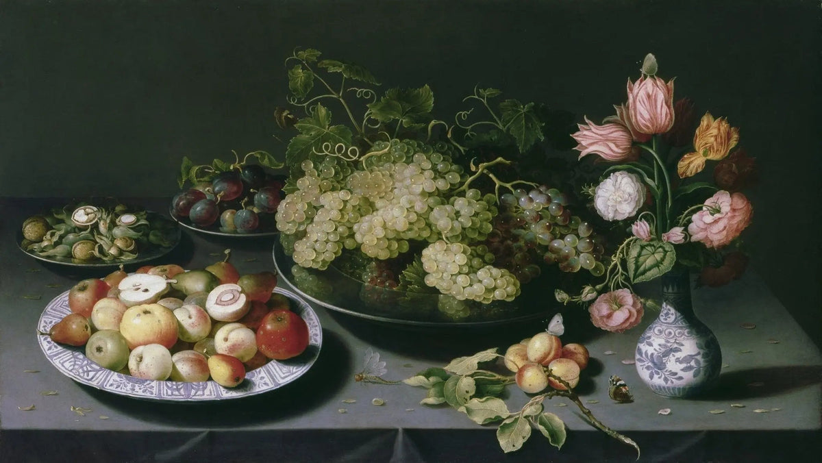 Still Life Oil Painting - Fruits, Flowers and Insects - Oil Painting Haven