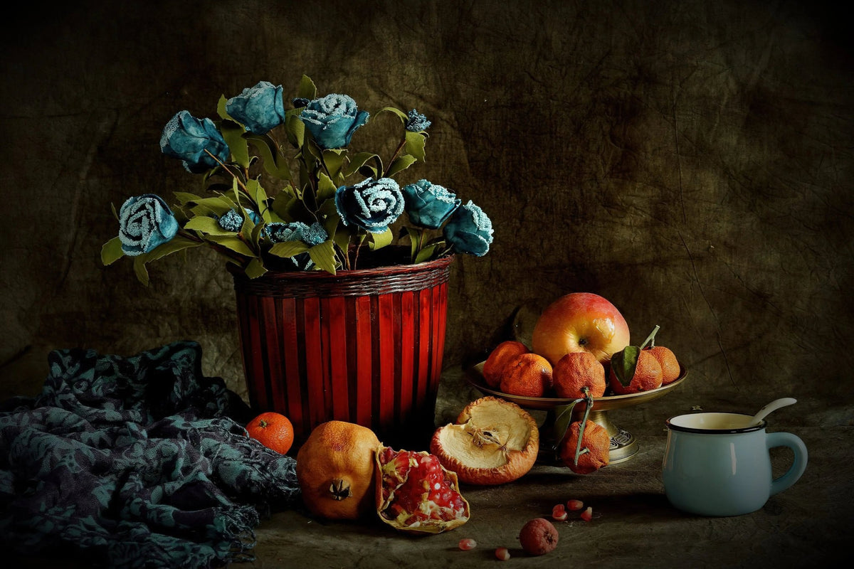 Still Life Oil Painting - Fruits, Flowers and Vintage Tableware - Oil Painting Haven