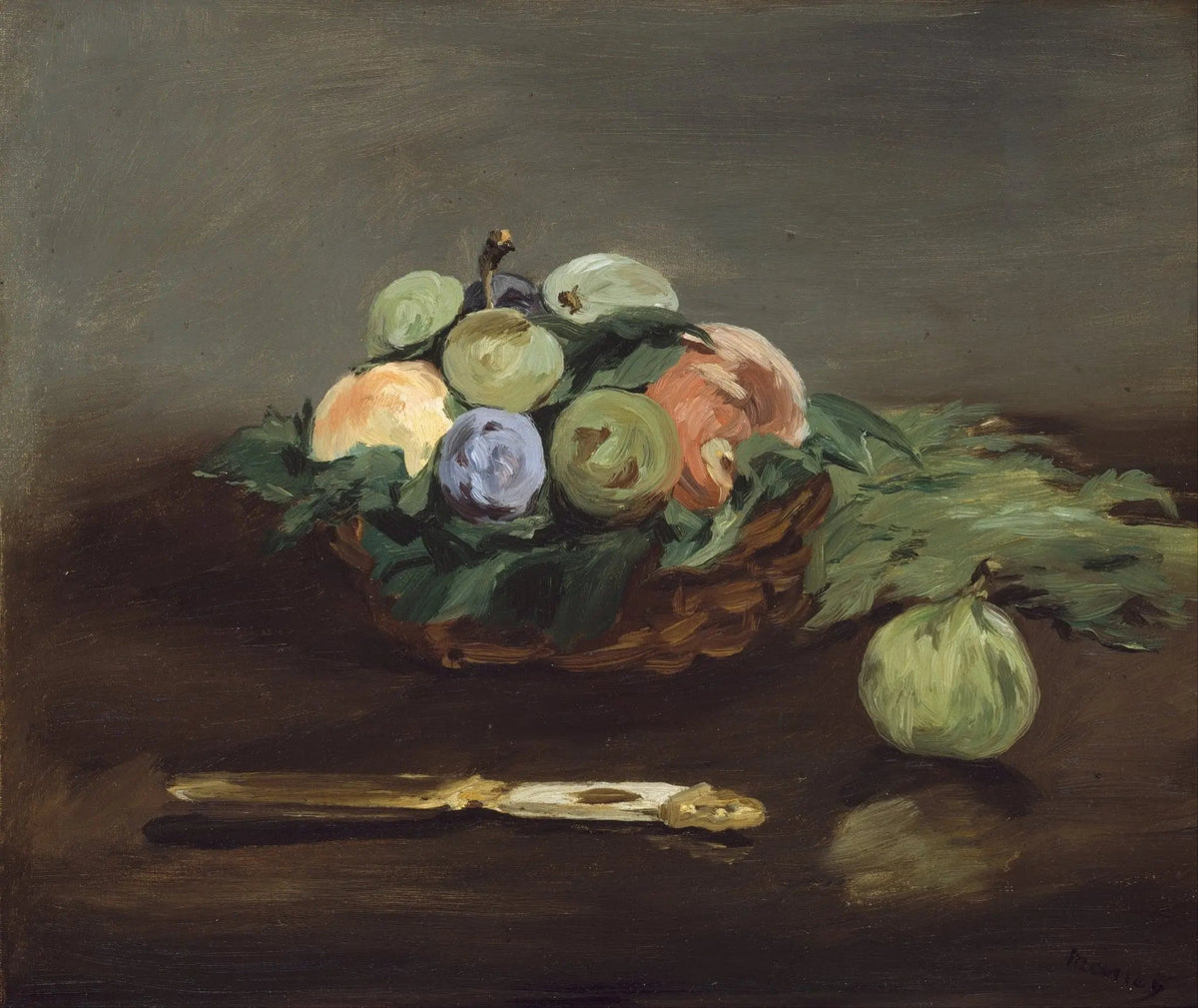 Still Life Oil Painting - Fruits in Basket with Knife - Oil Painting Haven