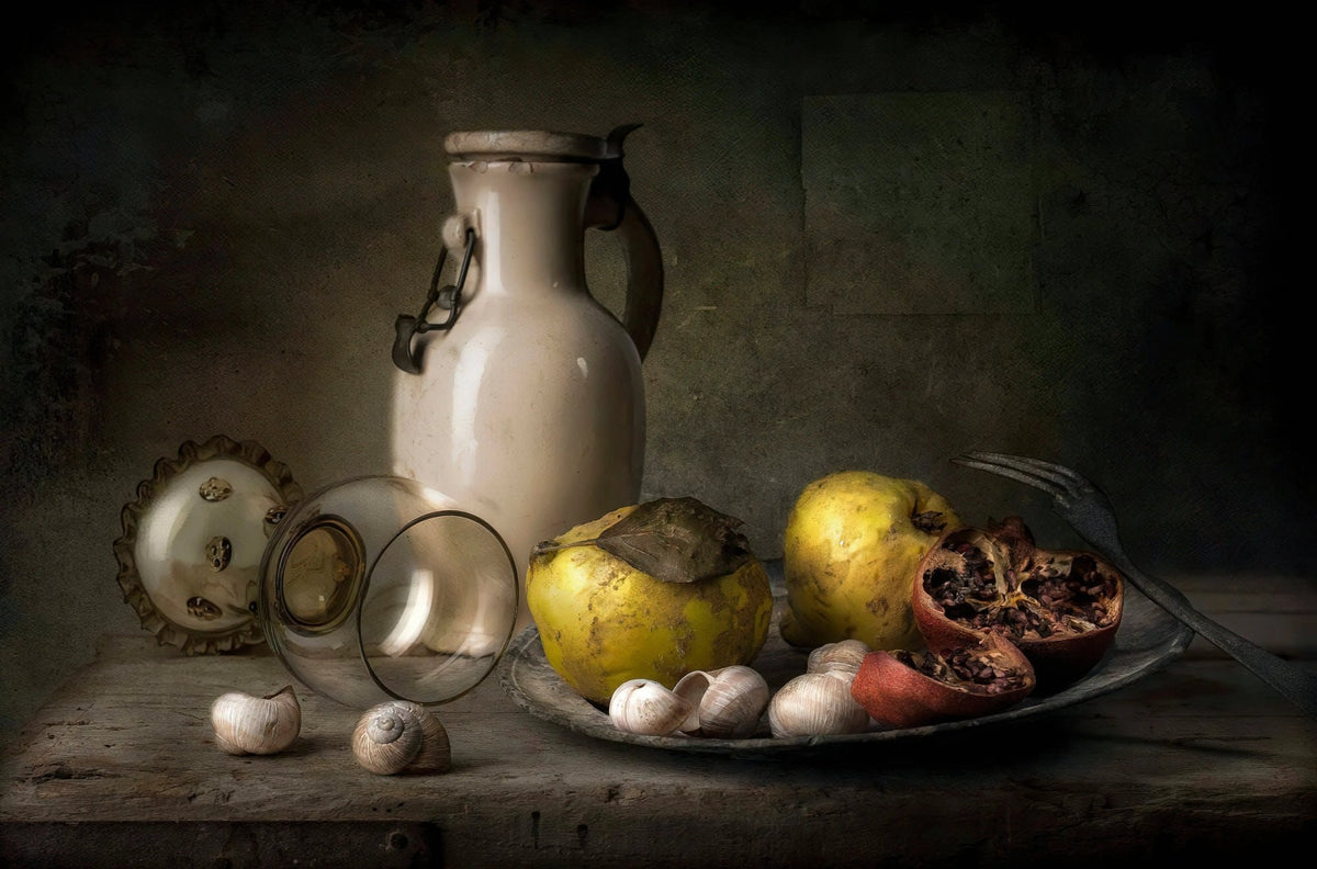 Still Life Oil Painting - Fruits, Vintage Jug and Glassware - Oil Painting Haven