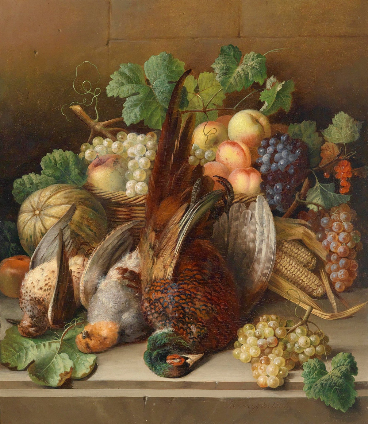 Still Life Oil Painting - Game Birds and Harvest - Oil Painting Haven