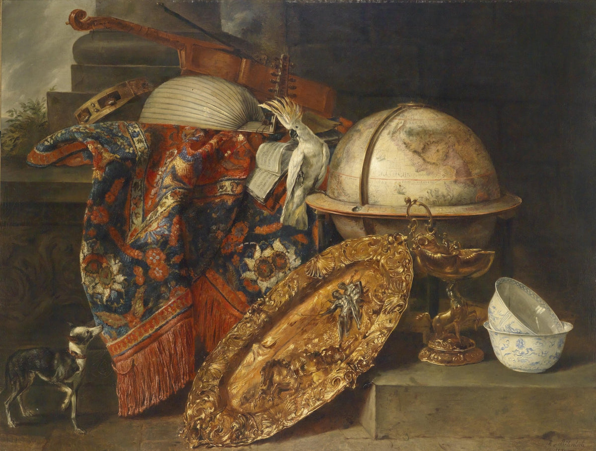 Still Life Oil Painting - Globe, Violin and Parrot - Oil Painting Haven