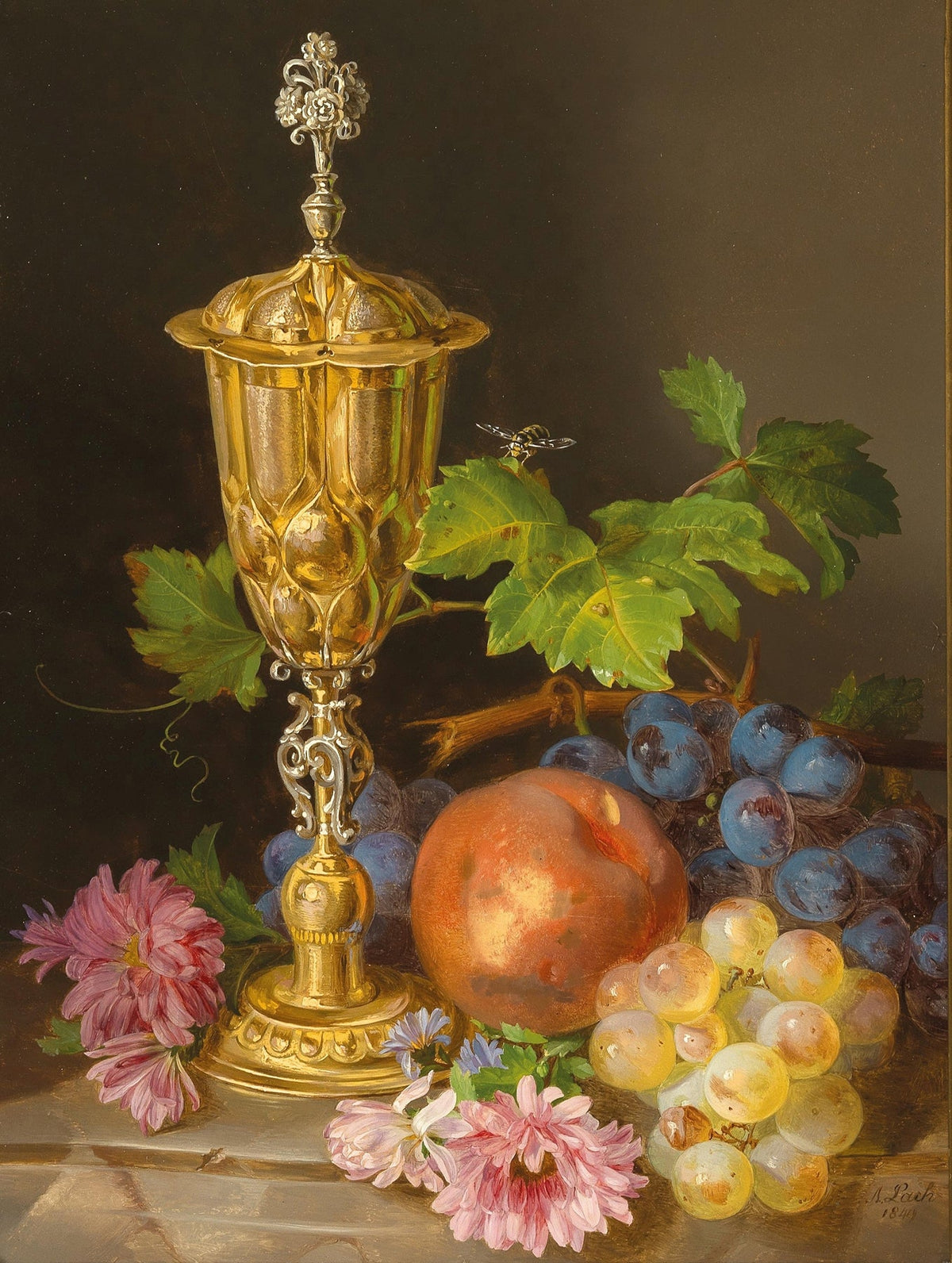 Still Life Oil Painting - Golden Goblet, Grapes and Peach - Oil Painting Haven