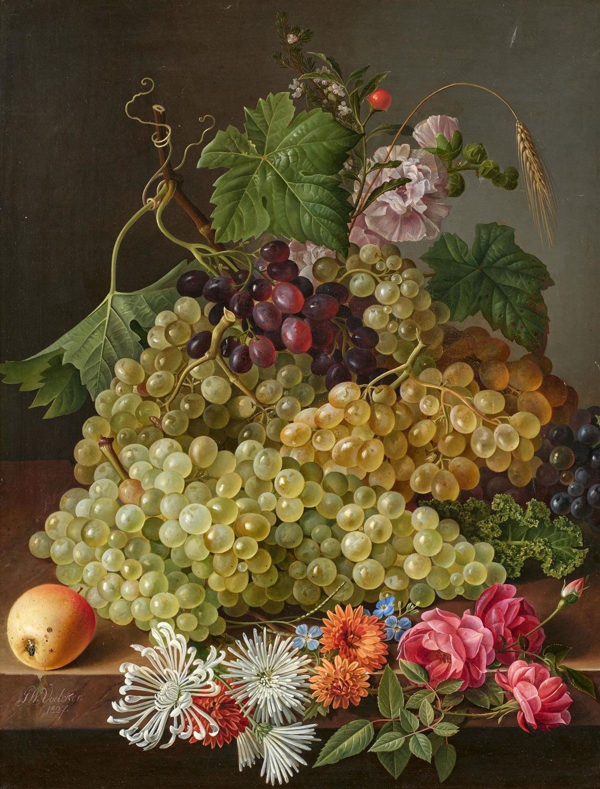 Still Life Oil Painting - Grapes and Floral Bouquet - Oil Painting Haven