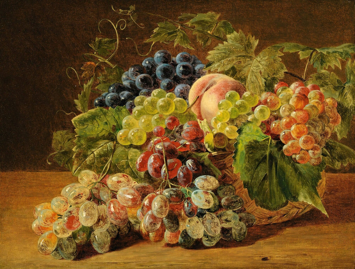 Still Life Oil Painting - Grapes and Peach in Basket - Oil Painting Haven