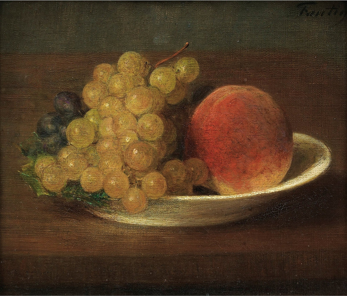 Still Life Oil Painting - Grapes and Peach on Plate - Oil Painting Haven