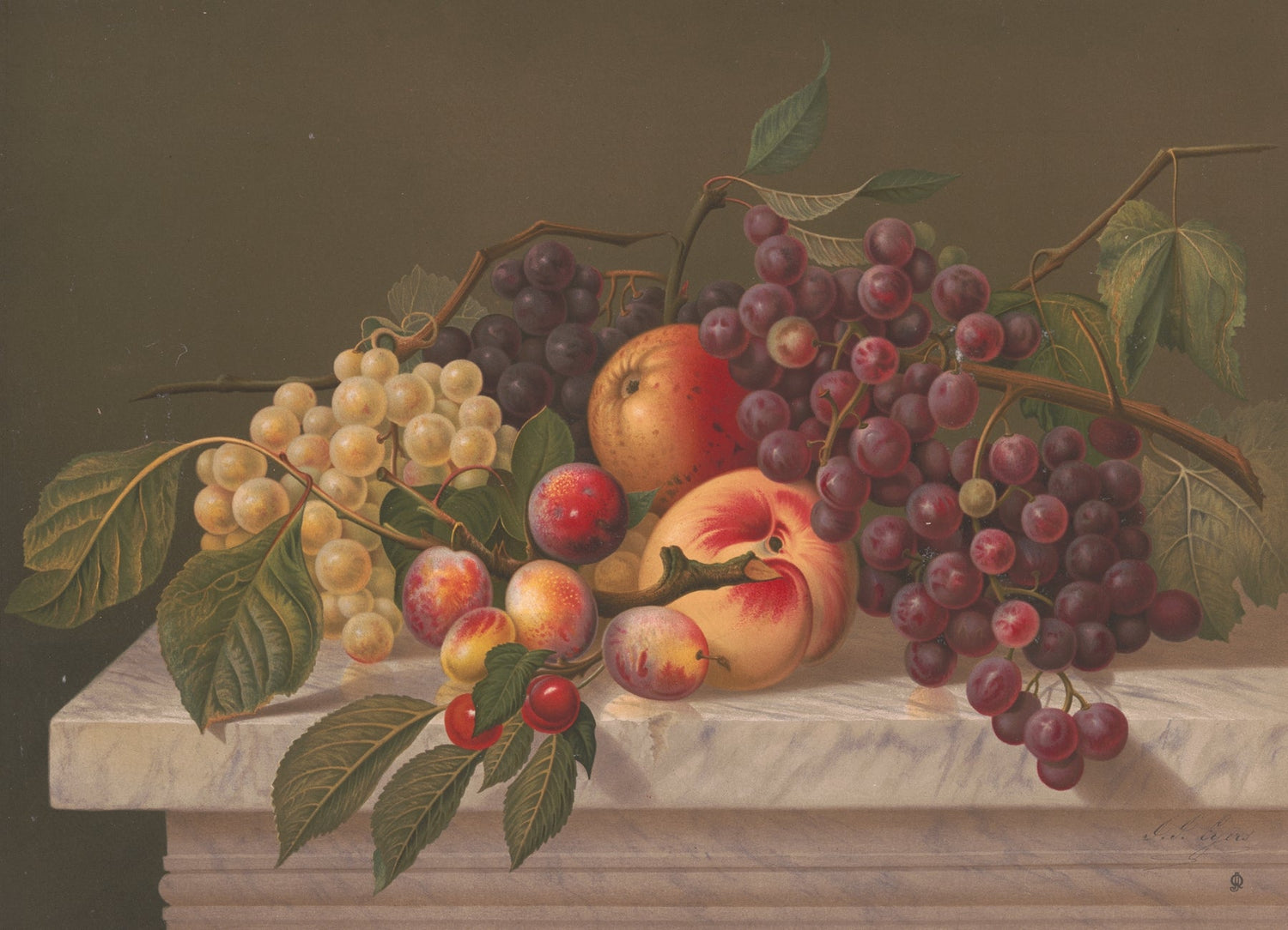 Still Life Oil Painting - Grapes and Peaches on Marble - Oil Painting Haven