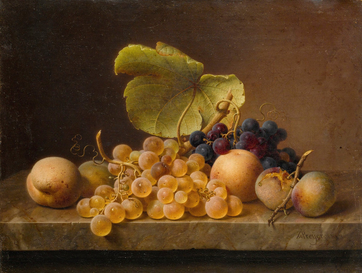 Still Life Oil Painting - Grapes and Peaches on Marble - Oil Painting Haven