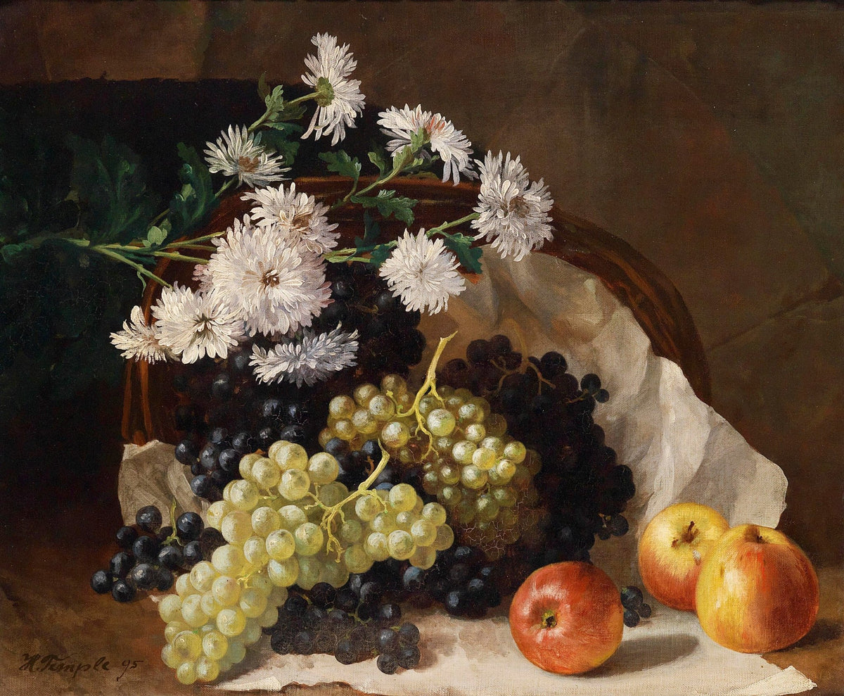 Still Life Oil Painting - Grapes, Apples and Flowers - Oil Painting Haven