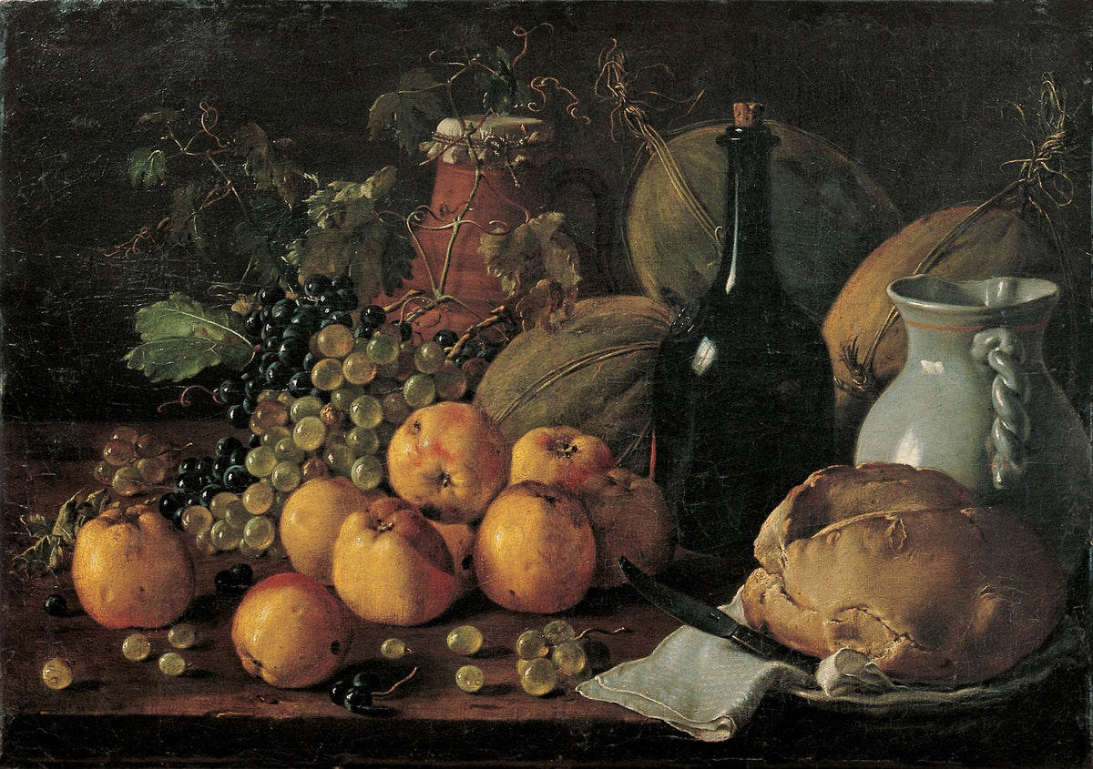Still Life Oil Painting - Grapes, Apples and Rustic Bread - Oil Painting Haven