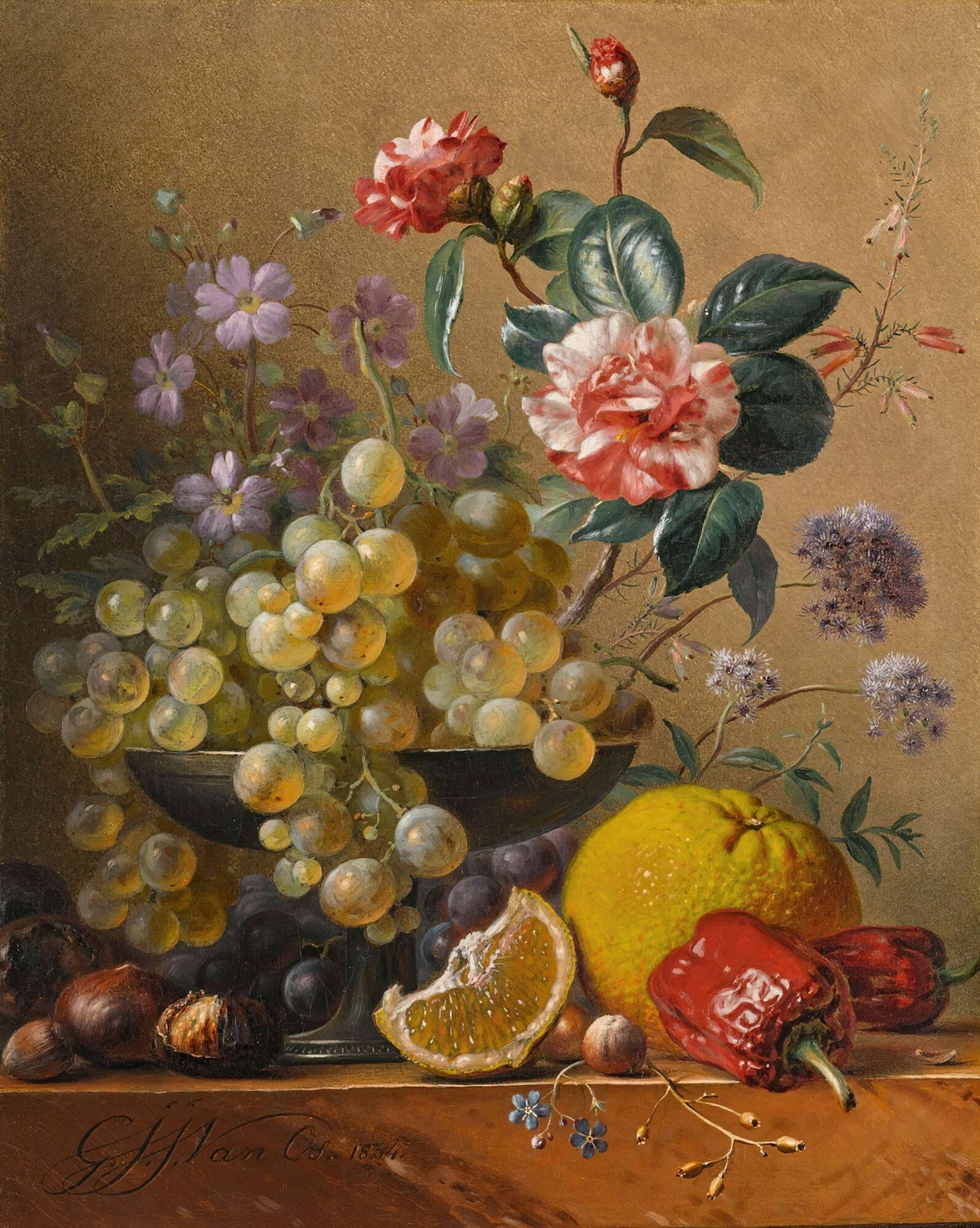Still Life Oil Painting - Grapes, Citrus and Flowers - Oil Painting Haven