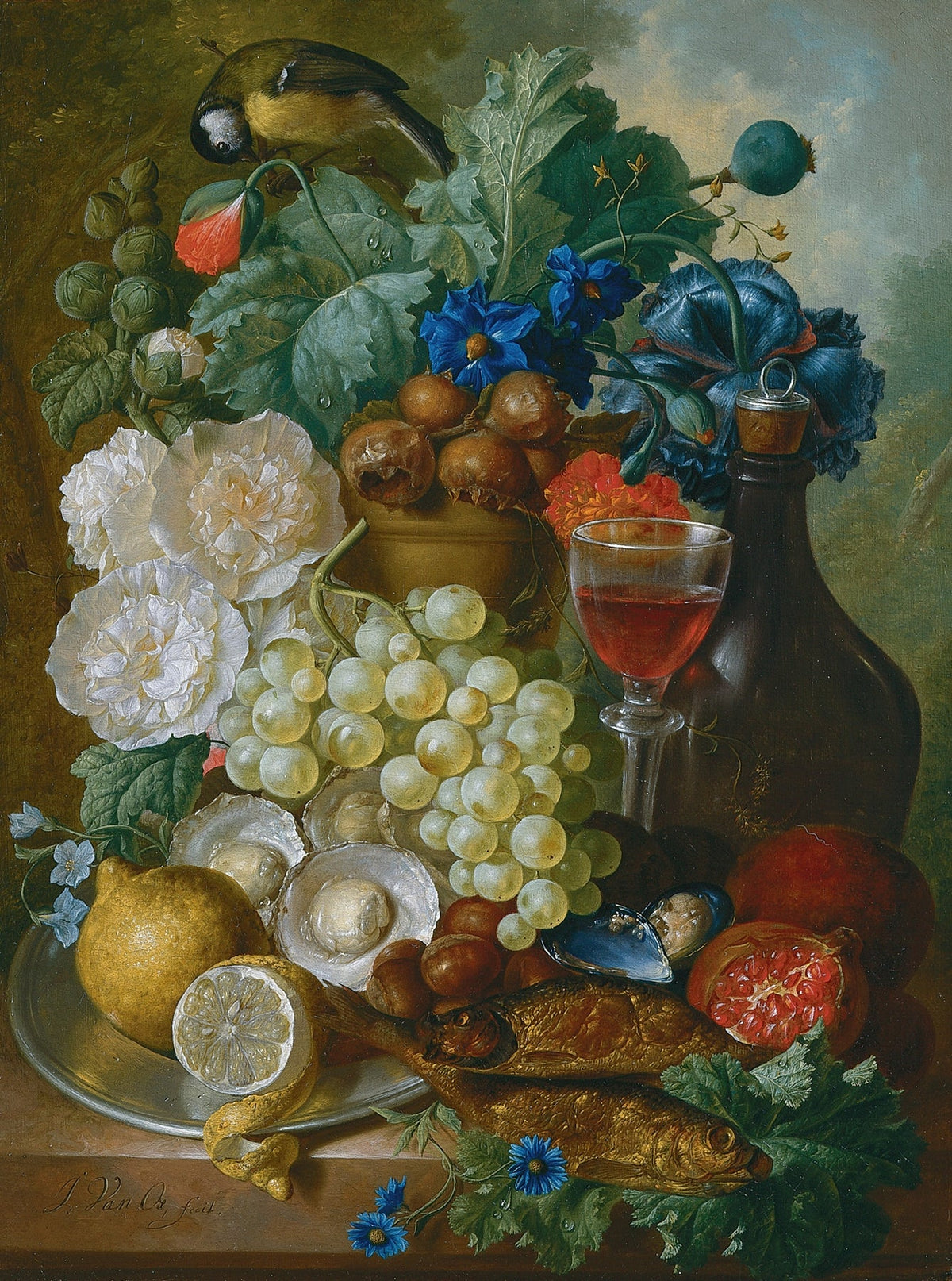Still Life Oil Painting - Grapes, Fish and Wine - Oil Painting Haven