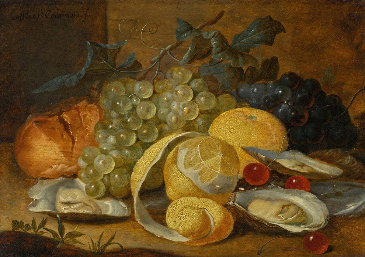 Still Life Oil Painting - Grapes, Lemon and Oysters - Oil Painting Haven