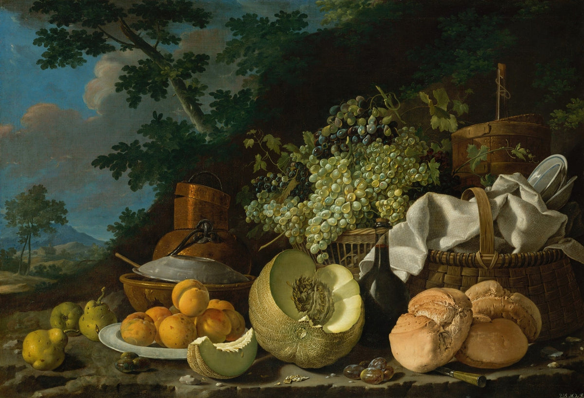 Still Life Oil Painting - Grapes, Melon and Bread - Oil Painting Haven