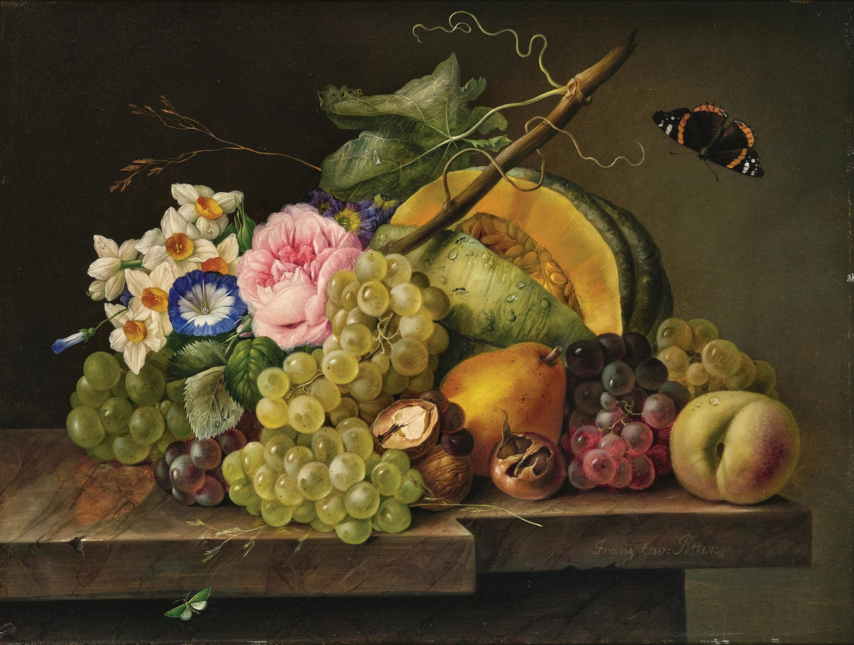 Still Life Oil Painting - Grapes, Melon and Flowers - Oil Painting Haven