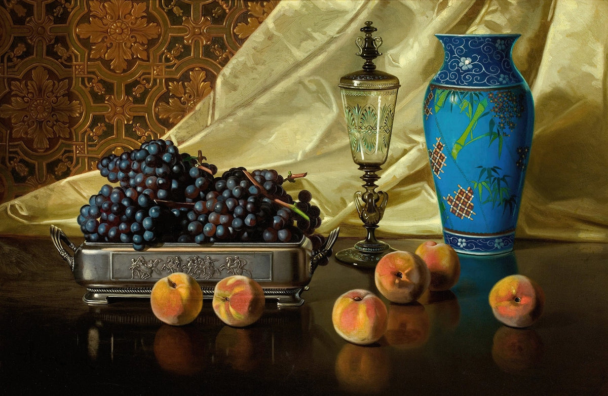 Still Life Oil Painting - Grapes, Peaches and Blue Vase - Oil Painting Haven
