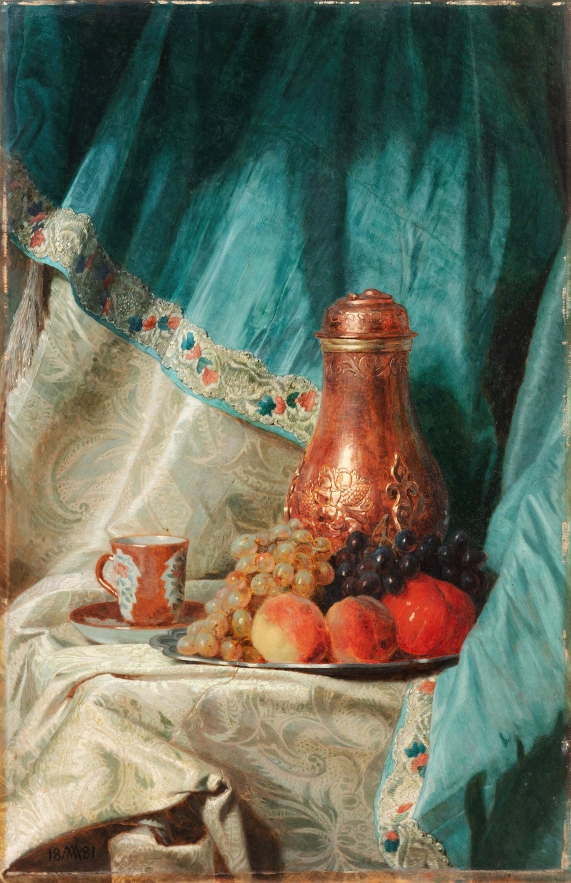 Still Life Oil Painting - Grapes, Peaches and Copper Vase - Oil Painting Haven