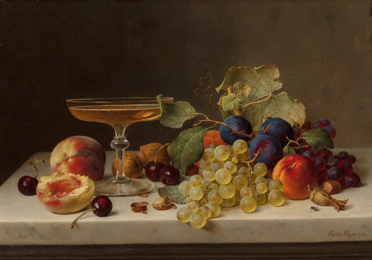 Still Life Oil Painting - Grapes, Peaches and Wine Glass - Oil Painting Haven